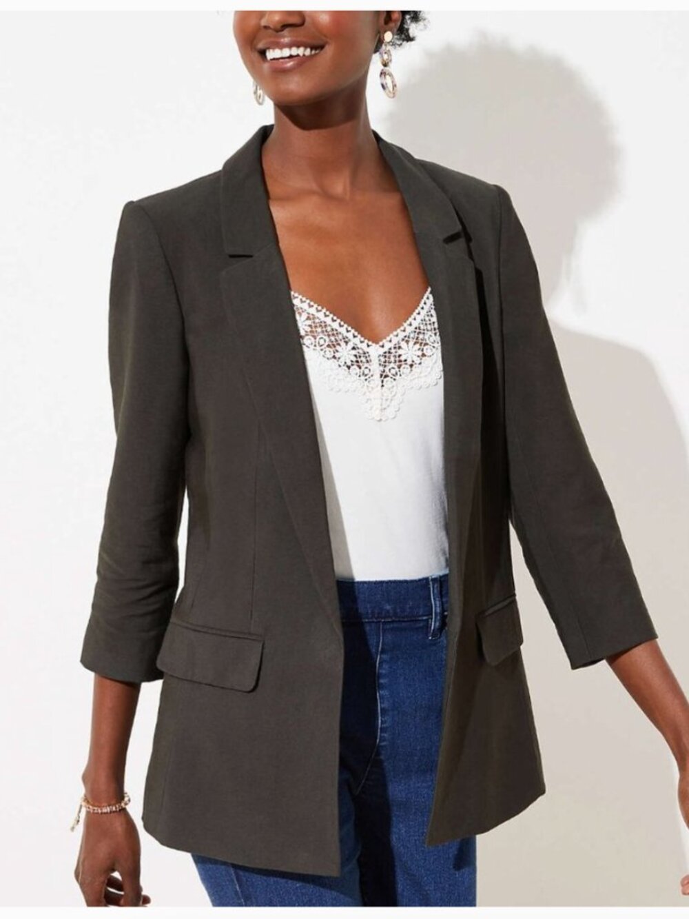 NWT LOFT Dark Olive Open-Front Blazer Jacket 3/4 Sleeve Petites sz 12P